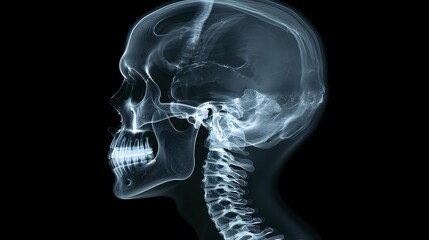 X-Ray of a Human Head: Lateral X-ray view of a human head, showing skull and cervical spine.
