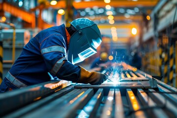 Welder using electrode in MIG welding at production plant