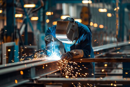 Welder making metal box section in factory