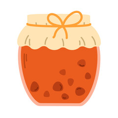Glass jar of strawberry jam isolated on white background. Vector cartoon flat illustration