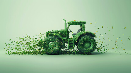 Leafy Tractor: Eco-Friendly Concept with Leaves Flying on Light Green Background - Green Farming Eco Concept