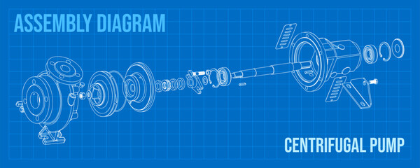 Centrifugal pump blueprint exploded view. Technical drawing