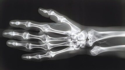 Naklejka premium X-Ray of a Hand: X-ray image of a human hand, displaying intricate bone details and joints. 