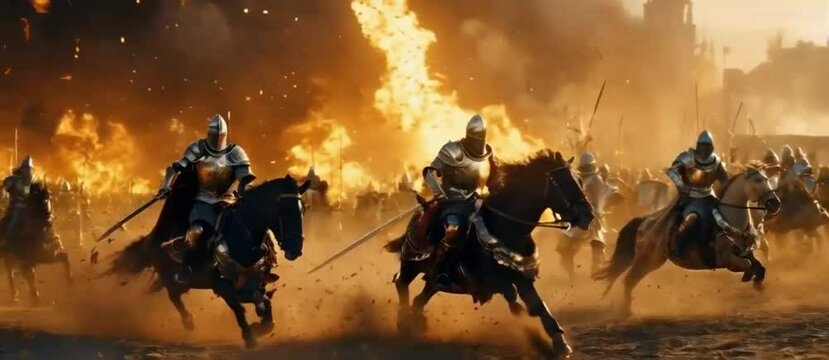 A cinematic still of medieval knights in armor charging into battle
