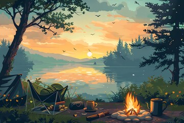 Camping under the Northern Lights in a forest at sunset