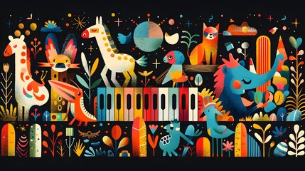 Colorful graffiti wall with scattered notes featuring cartoon characters, monsters, animals, and holiday themes under a starry night sky
