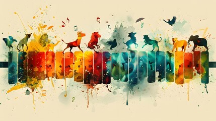 Colorful abstract background with splashes of paint, grunge texture, and artistic elements including watercolor drops and ink splatters