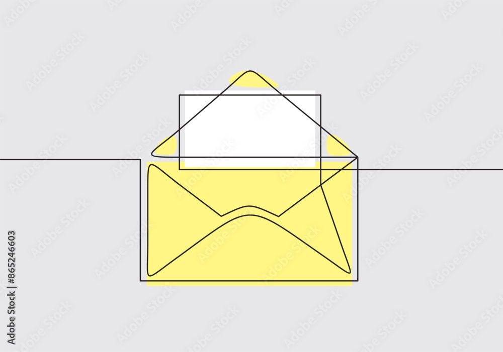 Poster continuous line drawing of open envelope with a letter