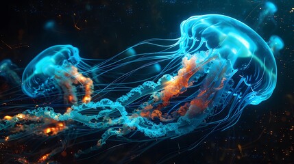Blue underwater jellyfish swimming gracefully, illuminated with glowing fractal patterns