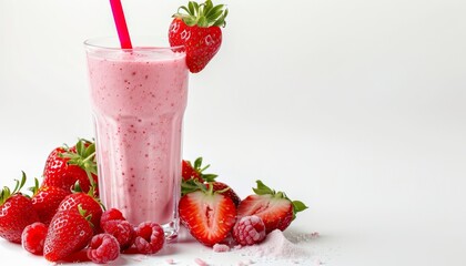 White background with strawberry smoothie or milkshake