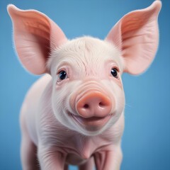 A young pink piglet with large ears and a cute snout with copy space