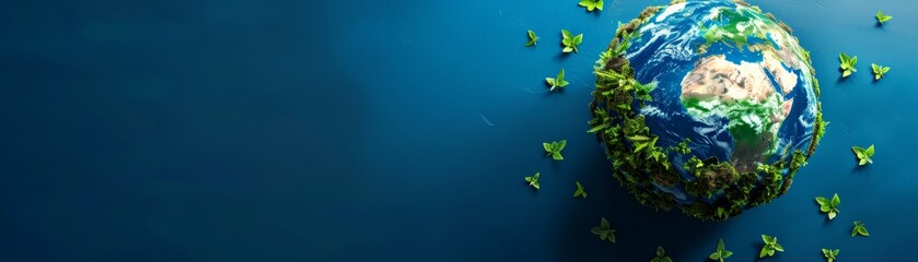 Fototapeta premium Abstract blue background with green globe and floating leaves.