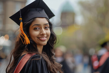 young indian female student wearing a black graduation cap and gown