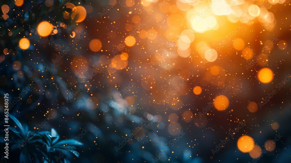 Poster abstract bokeh background with warm and cool tones, featuring blurred lights and a hint of greenery.
