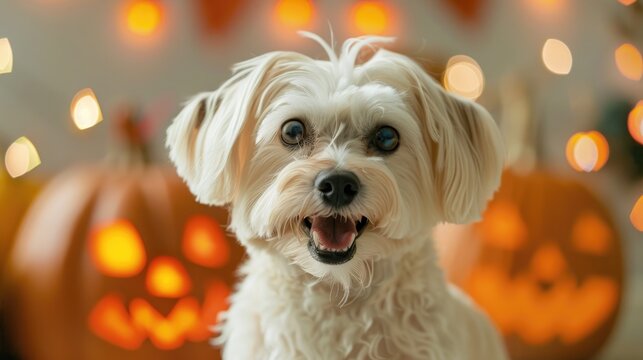 Surprised maltese dog on Halloween background