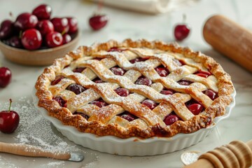 A freshly baked cherry pie sits on a kitchen counter, ready to be served