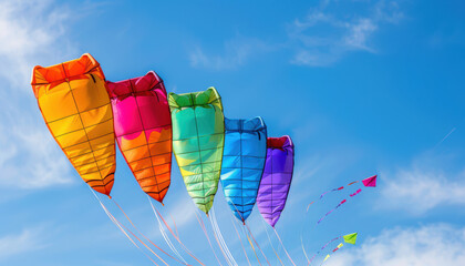 A group of colorful kites are flying in the sky on a sunny day