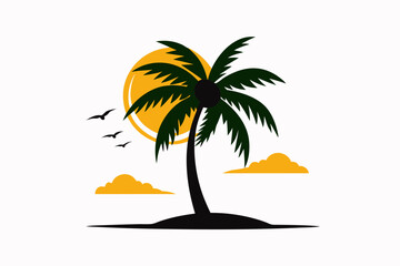 palm tree and sun silhouette, vector