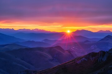Vibrant hues of orange and pink dance across the sky as the sun sets behind a range of rugged mountains, casting a warm glow on the landscape.