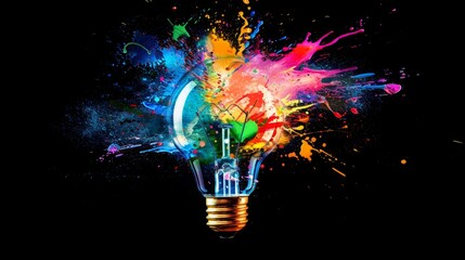 creative light bulb exploding with colorful paint illustration , colorful paint explosion from light bulb photo , light bulb idea concept with exploding paint