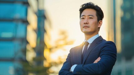 Obraz premium A man in a suit and tie stands in front of a building with his arms crossed