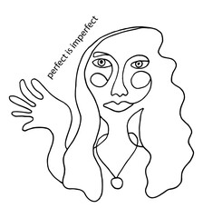 Abstract weird woman face line art with curly hair and hand. Hand drawn vector illustration.