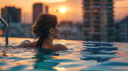 woman swimming in rooftop swimming pool, background of tall buildings with sunset in the afternoon, Ai Generated Images