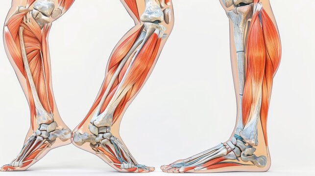 Detailed anatomical illustration of human leg muscles and bones.