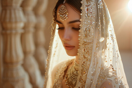 young indian woman standing at historical palace