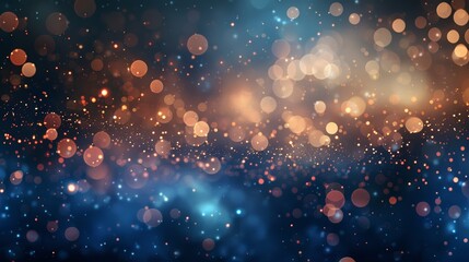 Fototapeta premium Abstract festive background with blue and orange bokeh lights and glitter.