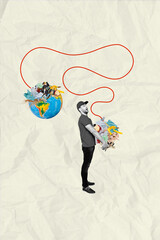Composite artwork photo collage of warming climate ecology disaster pollution earth protection debris cleaning young man hold plastic