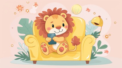A cute cartoon lion sits in a yellow armchair, holding a phone. Flowers and leaves surround him, creating a playful and relaxing atmosphere.
