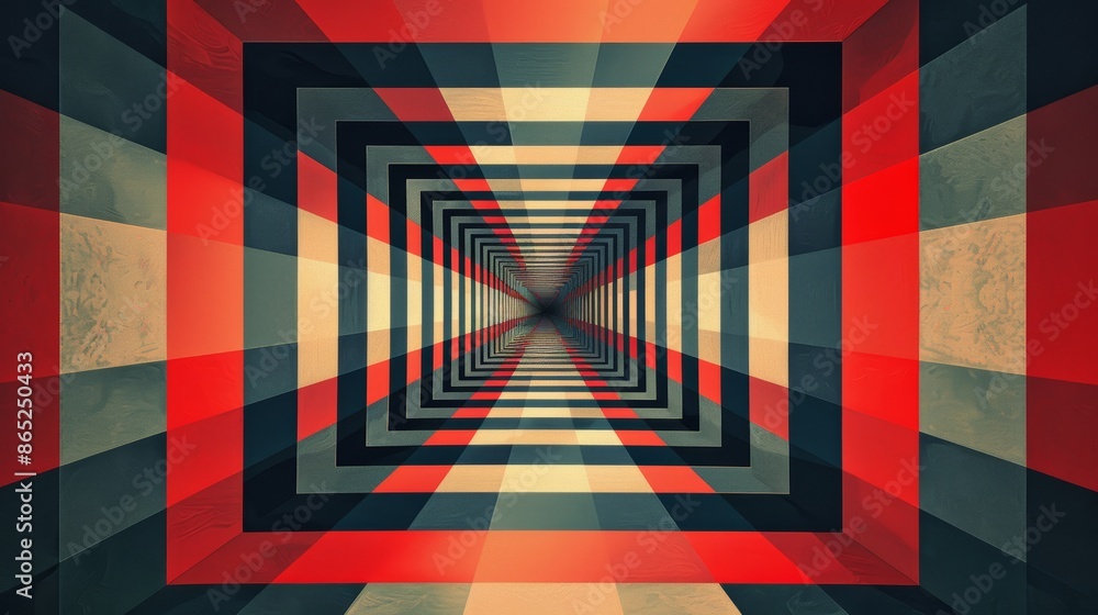 Poster abstract geometric pattern with red, black, and white stripes creating a tunnel effect.