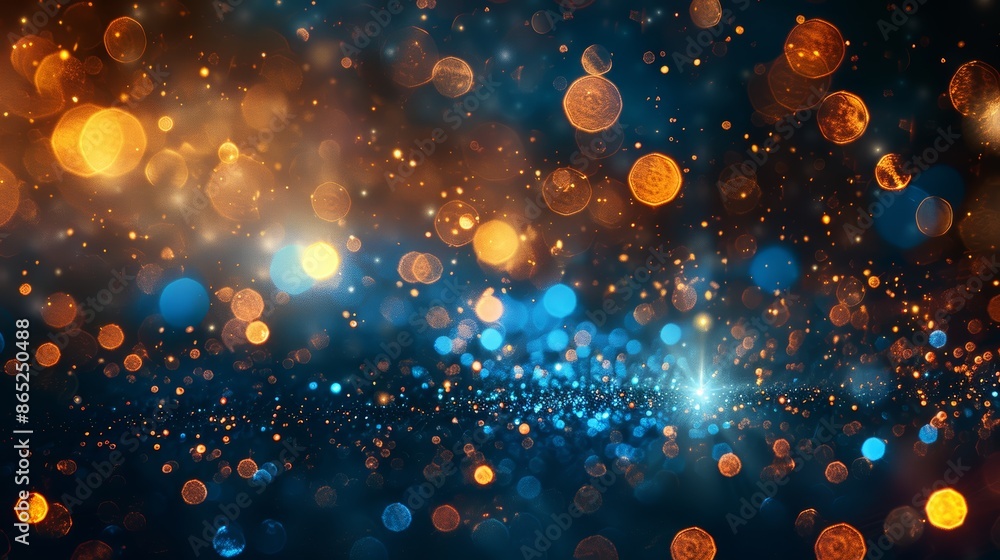 Poster abstract background with blue and orange bokeh lights on a dark background. a perfect background for