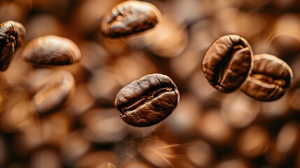 Fototapeta premium Floating Coffee Beans: A close-up shot of coffee beans floating in mid-air, surrounded by a rich, aromatic coffee aroma. 