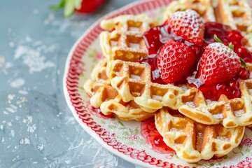 delicious waffles with strawberry jam on top of a retro plate with strawberry print, delicious summer treat