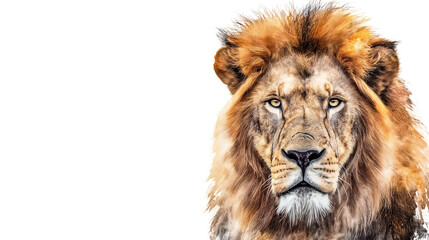 Fototapeta premium African male lion headshot looking into camera watercolor painting isolated on a transparent background