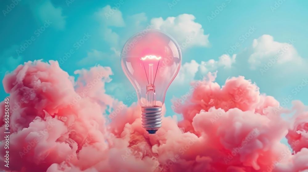 Poster a glowing light bulb is floating in a cloud of pink smoke. the light bulb is surrounded by a hazy pi