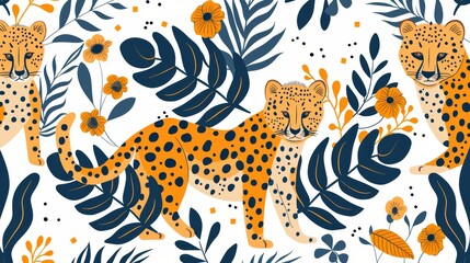 Seamless pattern with leopards, leaves, and flowers on a white background.