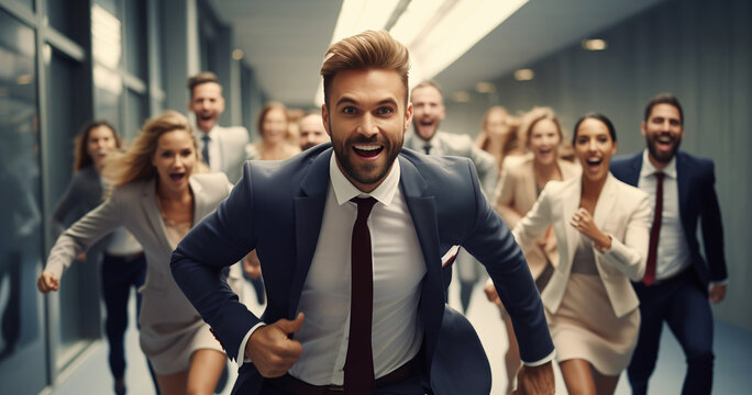 Running joyful businessman with colleagues business people having a race together in the office
