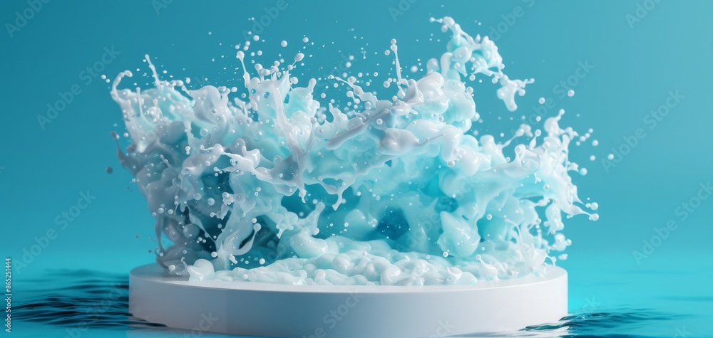 Poster abstract background with blue water waves and a white cylinder podium, 3d rendered for minimalistic 