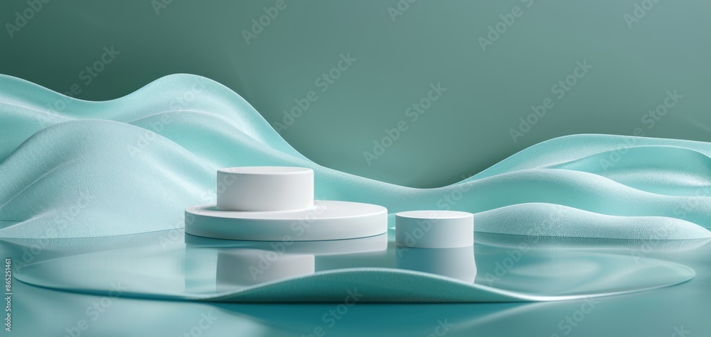 Aufkleber blue water waves and white cylinder podium, 3d rendered to create an abstract background for minimal