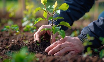 A worker's hands planting a tree in a community garden
