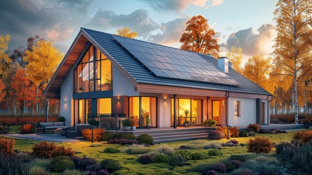 Modern house with solar panels on roof, illuminated windows and autumn foliage.