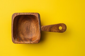 Wooden square measuring cup on yellow surface