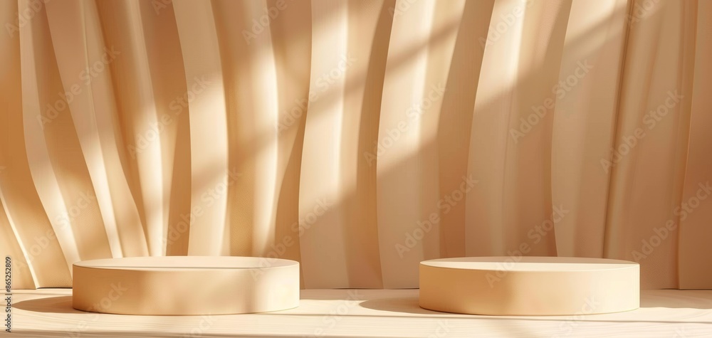 Poster beige background featuring two cylindrical podiums and an abstract geometric wave line pattern, 3d r