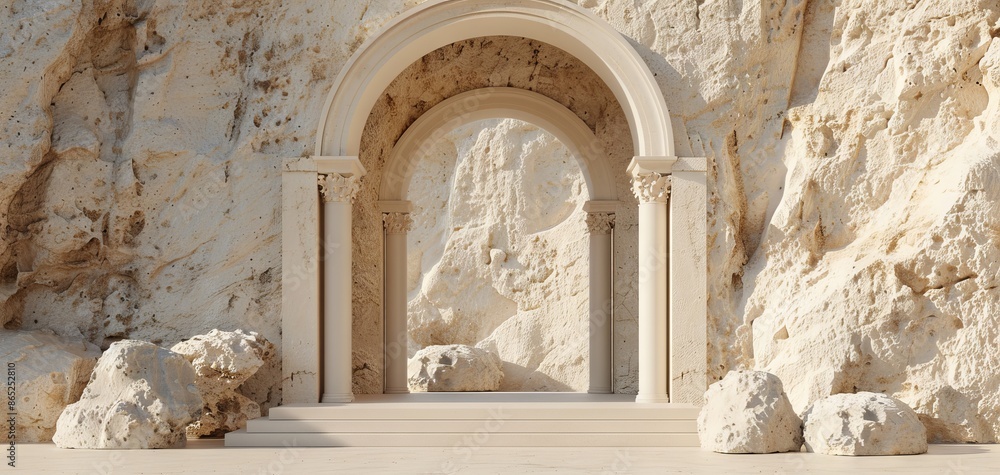 Aufkleber Ancient Greek columns and rocks set against a beige background with an arch, creating a minimalistic 3D rendered product presentation scene