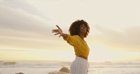 Sunrise, ocean and happy woman for freedom, vacation and holiday weekend in Miami with smile....