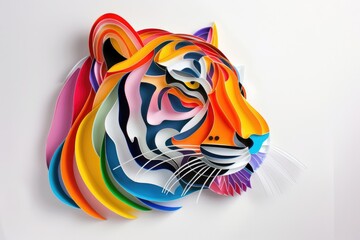 Fototapeta premium tiger portrait. .cut paper. applique. children's craft. colored paper. on a white background. animal. curved