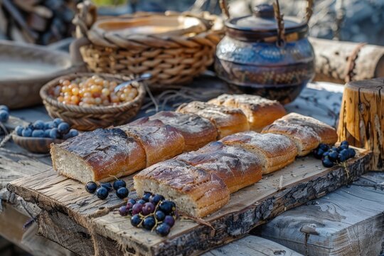 A close-up shot of freshly baked bannock bread, accompanied by wild berries, displayed on a rustic wooden table